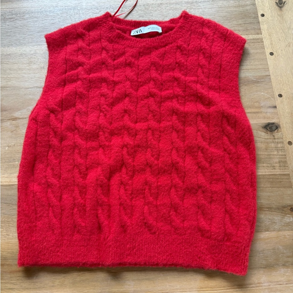 Zara Bright Red Cable-Knit Sleeveless Sweater Vest